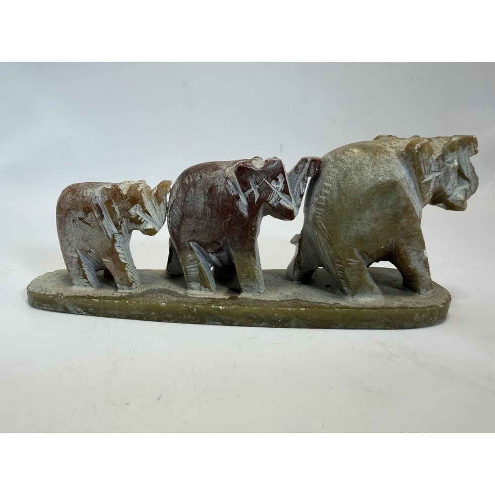 Carved Stone Elephant Family Sculpture Vintage‎ Soapstone Figurine